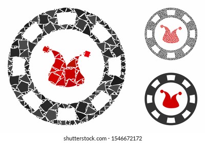 Joker casino chip composition of unequal parts in various sizes and color tinges, based on joker casino chip icon. Vector irregular dots are composed into composition.