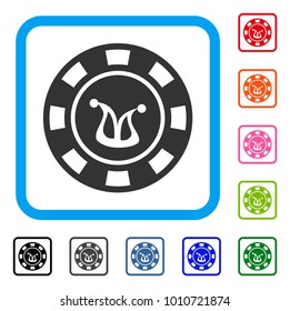 Joker Casino Chip icon. Flat gray iconic symbol in a blue rounded square. Black, gray, green, blue, red, orange color additional versions of joker casino chip vector. Designed for web and software UI.