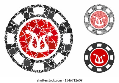 Joker casino chip mosaic of inequal parts in different sizes and color tints, based on joker casino chip icon. Vector uneven parts are united into collage.