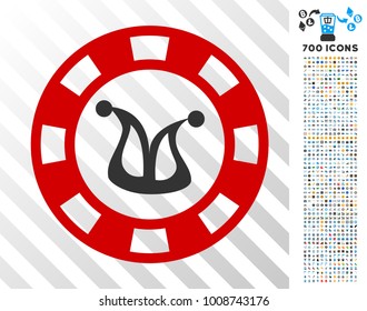 Joker Casino Chip pictograph with 700 bonus bitcoin mining and blockchain pictograms. Vector illustration style is flat iconic symbols designed for cryptocurrency software.