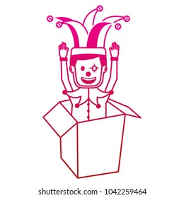 joker with clown mask in the box prank hands up fools