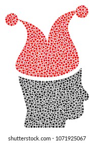 Joker composition of dots in variable sizes and color hues. Circle dots are composed into joker vector collage. Dotted vector illustration.