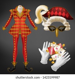 Joker costume elements realistic vector set with checkered red jacket, bicorne hat decorated fluffy feather, mask and wig, twisted toe shoe, white gloves, playing cards, golden coins illustration