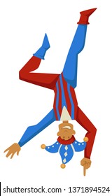 Joker or court jester standing upside down isolated male character vector Medieval clown in funny hat with bells showing trick acrobat ancient entertainer antique amusement prankster or jokester.