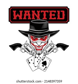 Joker cowboy in a hat on the background of paired revolvers and playing cards. Gunfighter. Illustrations for t shirt print. Black tattoo.