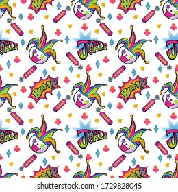 Joker and dynamite boom doodle illustration with typography seamless pattern vector with white background 