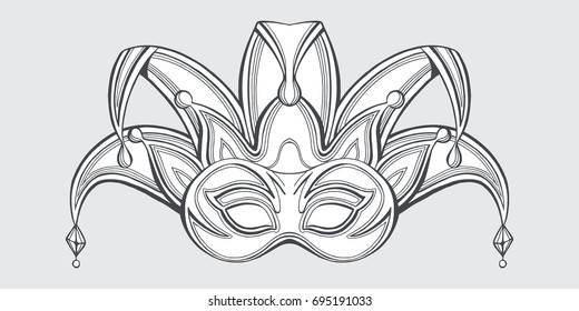 Joker Face Mask. Hand Drawn Vector Illustration.
Template For Party Or Masquerade Decoration.