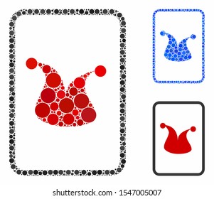 Joker gambling card mosaic of circle elements in various sizes and color tints, based on joker gambling card icon. Vector round elements are composed into blue mosaic.