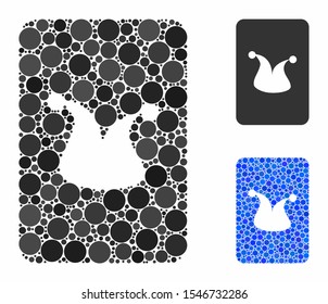 Joker gambling card mosaic of filled circles in different sizes and color tints, based on joker gambling card icon. Vector circle elements are grouped into blue mosaic.