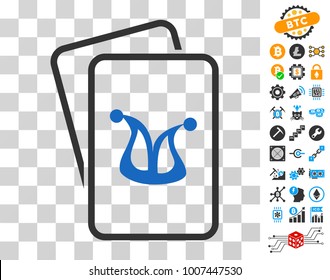Joker Gambling Cards pictograph with bonus bitcoin mining and blockchain pictograms. Vector illustration style is flat iconic symbols. Designed for blockchain websites.