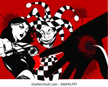 Joker game card with the image of the red and red joker, vector