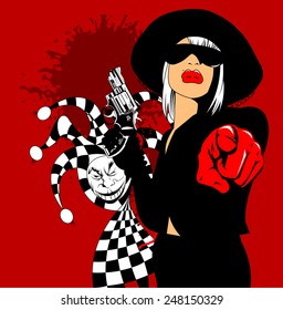 Joker game card with the image of the red and red joker, vector