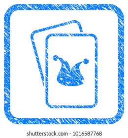 Joker Gaming Cards grunge textured icon inside rounded frame for overlay watermark imitations. Flat symbol with dirty texture.