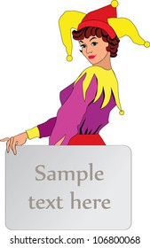 Joker girl with playing card, frame for text