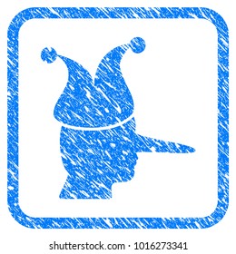 Joker grungy textured icon inside rounded square for overlay watermark stamps. Flat symbol with scratched texture. Framed vector blue rubber seal stamp with grunge design of joker.