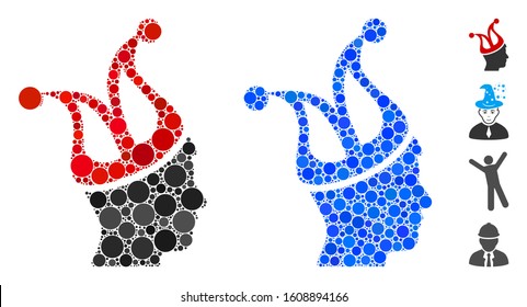 Joker guy mosaic of round dots in variable sizes and color tinges, based on joker guy icon. Vector circle elements are combined into blue mosaic. Dotted joker guy icon in usual and blue versions.
