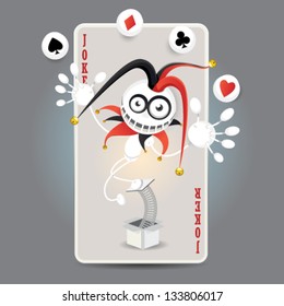 Joker Harlequin Make Juggling Performance With Spade, Club, Diamond, Heart Balls In Front Of Big Card