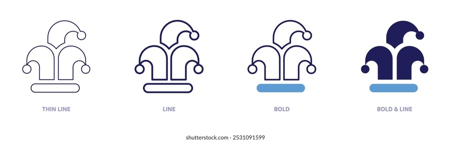 Ícone de design de chapéu do Coringa em 4 estilos diferentes. Linha fina, Linha, Negrito e Linha Negrito. Estilo duotônico. Traçado editável.
