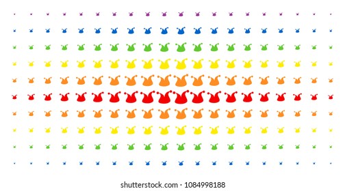 Joker hat icon spectral halftone pattern. Vector joker hat symbols are arranged into halftone array with vertical rainbow colors gradient. Designed for backgrounds, covers,