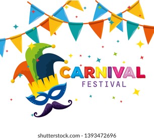 joker hat with traditional mask and mustache with party banner