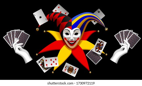 Joker head with cap and bells, white gloves on his hands and flying playing cards isolated on black. Three Dimensional stylized drawing. Vector illustration