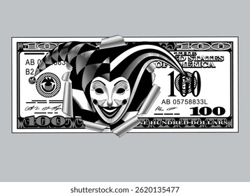 Joker head in a frame of torn hole of 100 dollars banknote. Drawing in vintage engraving and linear black and white style. Vector illustration. NOT AI generated
