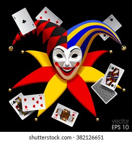 Joker head with playing cards isolated on black. Three Dimensional stylized drawing. Vector illustration