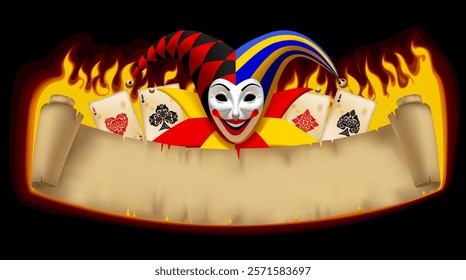 Joker head, retro permanent banner and aces paying cards on fire background isolated on black. Three Dimensional stylized drawing. Vector illustration