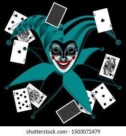 Joker head in retro style with playing cards on the black background. Vintage engraving linear negative stylized drawing. Vector illustration