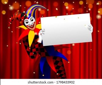 Joker holding a white banner in the hands against a red curtain. Three Dimensional stylized drawing. Vector illustration