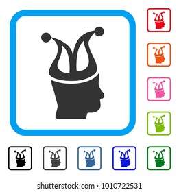 Joker icon. Flat grey pictogram symbol inside a blue rounded frame. Black, grey, green, blue, red, pink color variants of joker vector. Designed for web and app UI.
