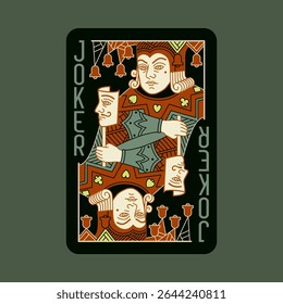 Joker, Jester (black playing cards suit) poker card in black design. Isolated vector illustration. Editable stroke lines.	