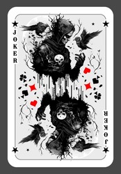 Joker Or Jester, Card In The Deck Of Cards. Jester With A Skull In His Hand Surrounded By Ravens. Playing Cards With A Joker. Vector Illustration