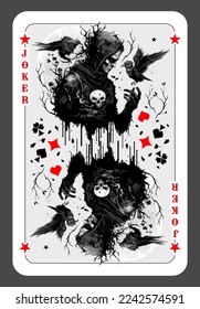 Joker or jester, card in the deck of cards. Jester with a skull in his hand surrounded by ravens. Playing cards with a joker. Vector illustration