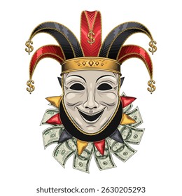 Joker, jester comedy mask in harlequin hat with golden dollar signs. Under mask is frill, jabot made with 100 US dollar bills and carnival pennants. Concept of luck, win jackpot