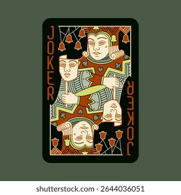 Joker, Jester (red playing cards suit) poker card in black design. Isolated vector illustration. Editable stroke lines.