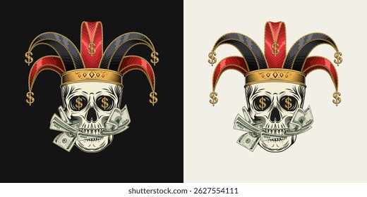 Joker, jester skull in harlequin hat with golden dollar signs. Mouth full of cash money. Concept of luck, win jackpot. - Powered by Shutterstock - Get 15% off with code: PIKWIZARD15