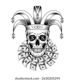 Joker, jester skull in harlequin hat with dollar signs. Under skull is frill, jabot made with 100 US dollar bills. Concept of luck, win jackpot. Black and white graphics