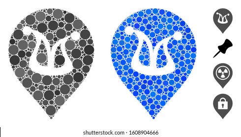 Joker marker composition of filled circles in variable sizes and color tones, based on joker marker icon. Vector filled circles are grouped into blue mosaic.
