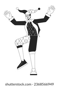 Joker in medieval costume flat line black white vector character. Funny man dancing. Entertainment. Editable outline full body person. Simple cartoon isolated spot illustration for web graphic design