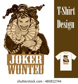 Joker. Men in joker costume. This illustration can be used as a greeting card or as a print on T-shirts and bags. Colored vector illustration.