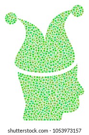 Joker mosaic of circle dots in different sizes and green color tones. Circle dots are grouped into joker vector collage. Ecological vector illustration.