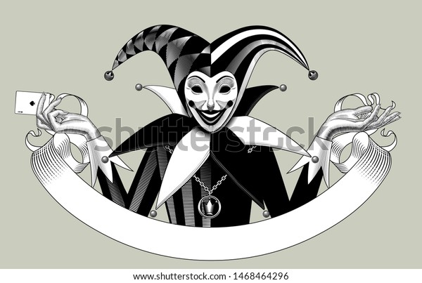 Joker playing card with ace spades in hand\
and ribbon banner in retro style. Vintage engraving black and white\
stylized drawing. Vector\
illustration