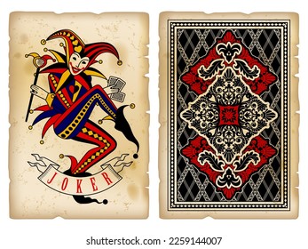 Joker playing card and backside on vintage grunge ragged paper backgound isolated on white. Vector illustration