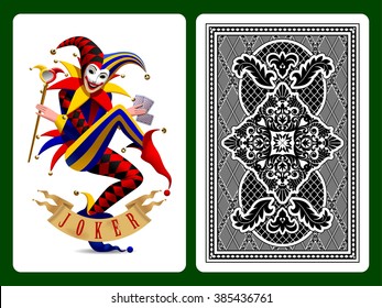 Joker playing card and black backside background. Original design. Vector illustration