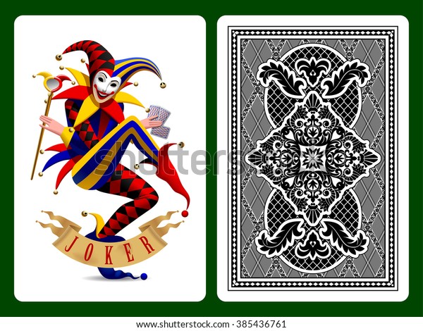 Joker playing card and black backside\
background. Original design. Vector\
illustration