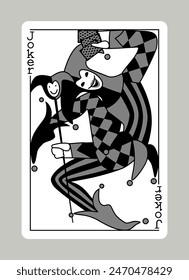 Joker playing card in black, white and grey colors, in funny comic modern linear style. Vector illustration