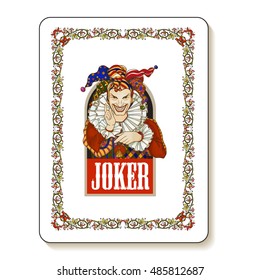 Joker playing card design. Men in joker costume. Colored vector illustration.