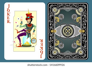 joker playing card, game tools. Clown sits on a flank. Character on steampunk style