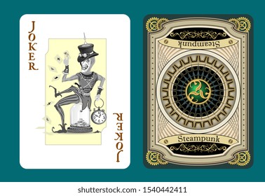 joker playing card, game tools. Clown sits on a flank. Character steampunk style , mechanic background